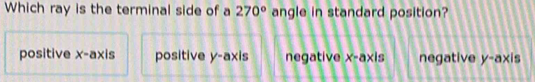 Which ray is the terminal side of a 270° angle in standard position?
positive x-axis positive y-axis negative x-ax is negative y-axis