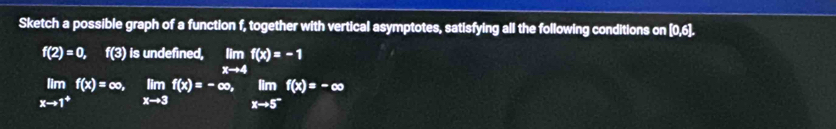 Sketch a possible graph of a function f, together with vertical asymptotes, satisfying all the following conditions on 0.61
f(2)=0,
f(2)=0.f(5)lim _xto 1^+f(x)f(x)=-∈fty , limlimits _xto 5f(x)=-∈fty
 1/4 frac 2