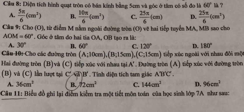 Diện tích hình quạt tròn có bán kính bằng 5cm và góc ở tâm có số đo là 60° là ?
A.  5π /6 (cm^2) B.  10π /6 (cm^2) C.  25π /6 (cm) D.  25π /6 (cm^2)
Câu 9: Cho (O), từ điểm M nằm ngoài đường tròn (O) vẽ hai tiếp tuyến MA, MB sao cho
AOM=60°. Góc ở tâm do hai tia OA, OB tạo ra là:
A. 30° B. 60° C. 120° D. 180°
Câu 10: Cho các đường tròn (A;10cm), (B;15cm), (C;15cm) tiếp xúc ngoài với nhau đôi một
Hai đường tròn (B) và (C) tiếp xúc với nhau tại A'. Đường tròn (A) tiếp xúc với đường tròn
(B) và (C) lần lượt tại C'widehat vaB'. Tính diện tích tam giác A'B'C'.
A. 36cm^2 B. 72cm^2 C. 144cm^2 D. 96cm^2
Câu 11: Biểu đồ ghi lại điểm kiểm tra một tiết môn toán của học sinh lớp 7A như sau: