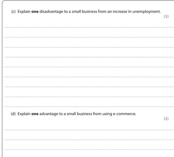 Explain one disadvantage to a small business from an increase in unemployment. 
(3) 
_ 
_ 
_ 
_ 
_ 
_ 
_ 
_ 
_ 
(d) Explain one advantage to a small business from using e-commerce. 
(3) 
_ 
_ 
_