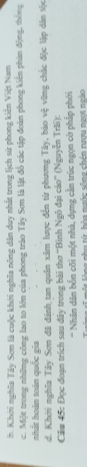 b. Khởi nghĩa Tây Sơn là cuộc khởi nghĩa nông dân duy nhất trong lịch sử phong kiến Việt Nam
c. Một trong những công lao to lớn của phong trào Tây Sơn là lật đồ các tập đoàn phong kiến phản động, thống
nhất hoàn toàn quốc gia
d. Khởi nghĩa Tây Sơn đã đánh tan quân xâm lược đến từ phương Tây, bảo vệ vững chắc độc lập dân tộc
Câu 45: Đọc đoạn trích sau đây trong bài thơ “Bình Ngô đại cáo” (Nguyễn Trãi):
* Nhân dân bốn cõi một nhà, dựng cần trúc ngọn cờ phắp phới
l một lộng phụ tử, hòa nước sông chén rươu ngot ngào
