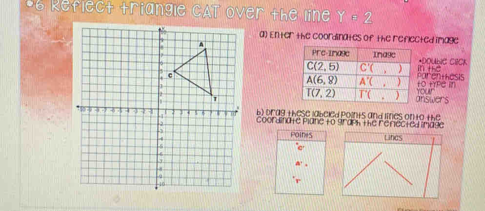 Reflect triangle CAT over the line y = 2
a) Enter the coordinates of the reflected image
*Double Click
in the
parenthesis
o type in
our
nswers
b) drag these labeled points and lines onto the
coordinate plane to graph the reriected image
Lines