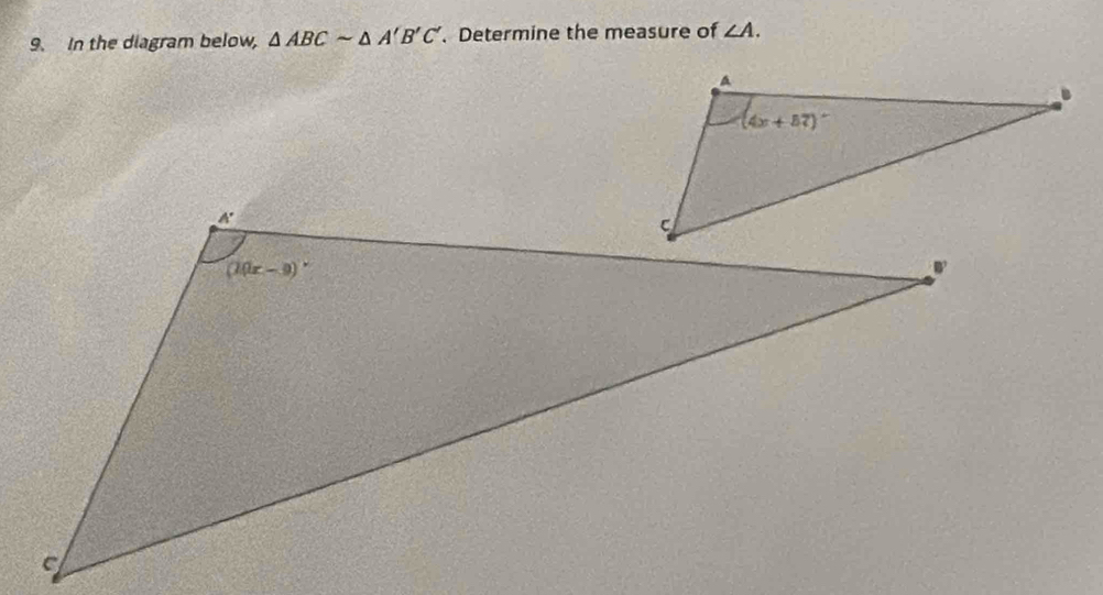 In the diagram below, △ ABCsim △ A'B'C'. Determine the measure of ∠ A.