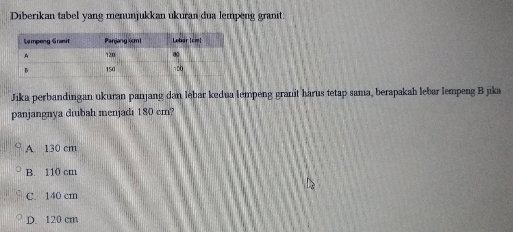 Diberikan tabel yang menunjukkan ukuran dua lempeng granit:
Jika perbandingan ukuran panjang dan lebar kedua lempeng granit harus tetap sama, berapakah lebar lempeng B jika
panjangnya diubah menjadi 180 cm?
A. 130 cm
B. 110 cm
C. 140 cm
D. 120 cm