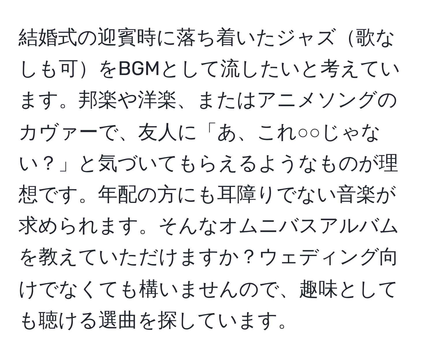 結婚式の迎賓時に落ち着いたジャズ歌なしも可をBGMとして流したいと考えています。邦楽や洋楽、またはアニメソングのカヴァーで、友人に「あ、これ○○じゃない？」と気づいてもらえるようなものが理想です。年配の方にも耳障りでない音楽が求められます。そんなオムニバスアルバムを教えていただけますか？ウェディング向けでなくても構いませんので、趣味としても聴ける選曲を探しています。