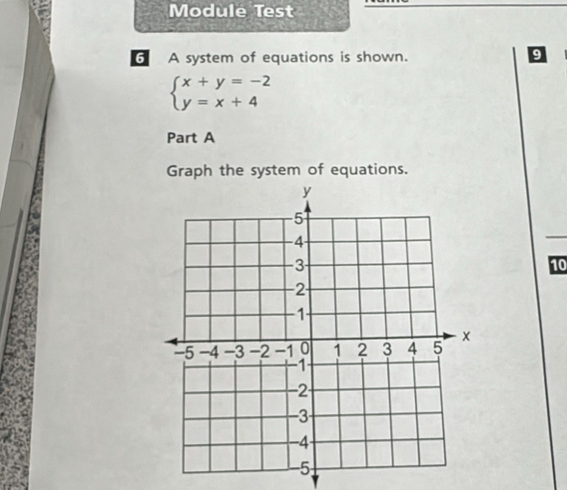 Module Test 
6 A system of equations is shown. 
9
beginarrayl x+y=-2 y=x+4endarray.
Part A 
Graph the system of equations. 
10