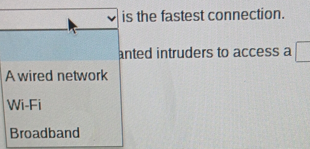 is the fastest connection.
anted intruders to access a
A wired network
Wi-Fi
Broadband