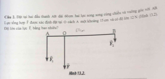 Cầu 2. Đặt tại hai đầu thanh AB dài 60cm hai lực song song cùng chiều và vuỡng góc với AB
Lực tổng hợp F được xác định đặt tại O cách A một khoảng 15 cm và có độ lớn 12 N (Hình 13.2).
Độ lớn của lực overline F_1 bằng bao nhiêu?
A 0
B
vector F_2
overline F_1
overline F
Hình 13.2.