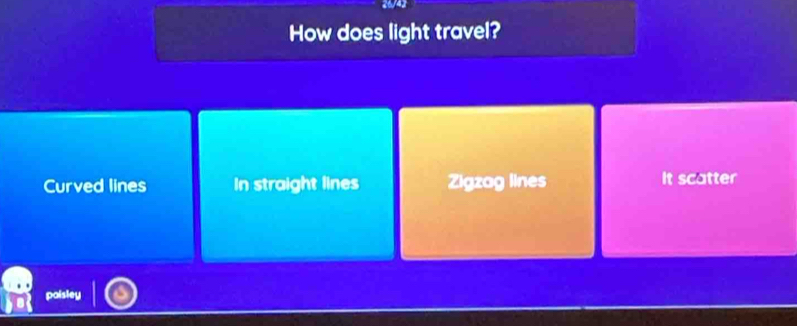 26/42
How does light travel?
Curved lines In straight lines Zigzag lines It scatter
poisley