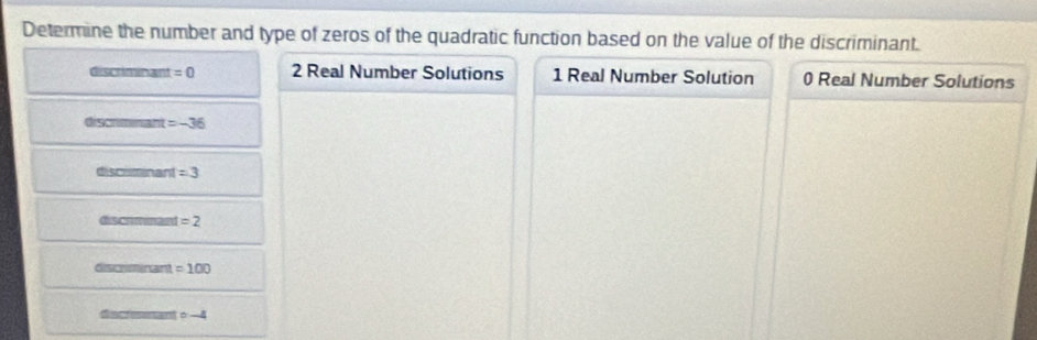 Determine the number and type of zeros of the quadratic function based on the value of the discriminant.
discriminant =0 2 Real Number Solutions 1 Real Number Solution 0 Real Number Solutions
discriminant =-36
discrminant =3
=2
=100
d =-4