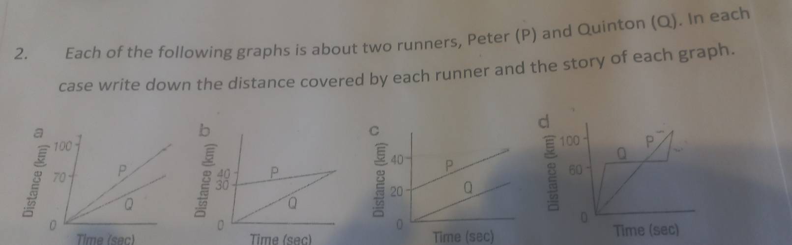 Each of the following graphs is about two runners, Peter (P) and Quinton (Q). In each 
case write down the distance covered by each runner and the story of each graph. 
Time (sec) Time (sec) Time (sec)