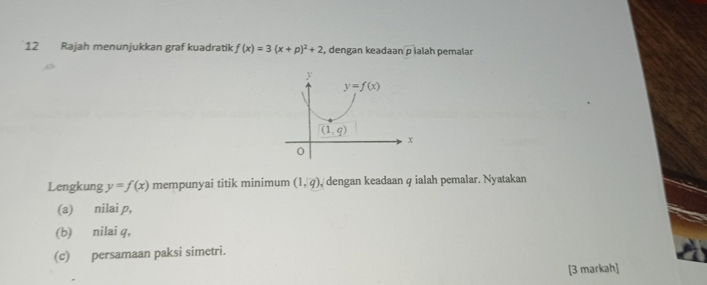 Rajah menunjukkan graf kuadratik f(x)=3(x+p)^2+2 , dengan keadaan pi ialah pemalar
Lengkung y=f(x) mempunyai titik minimum (1,q) , dengan keadaan q ialah pemalar. Nyatakan
(a) nilai p,
(b) nilai q,
(c) persamaan paksi simetri.
[3 markah]