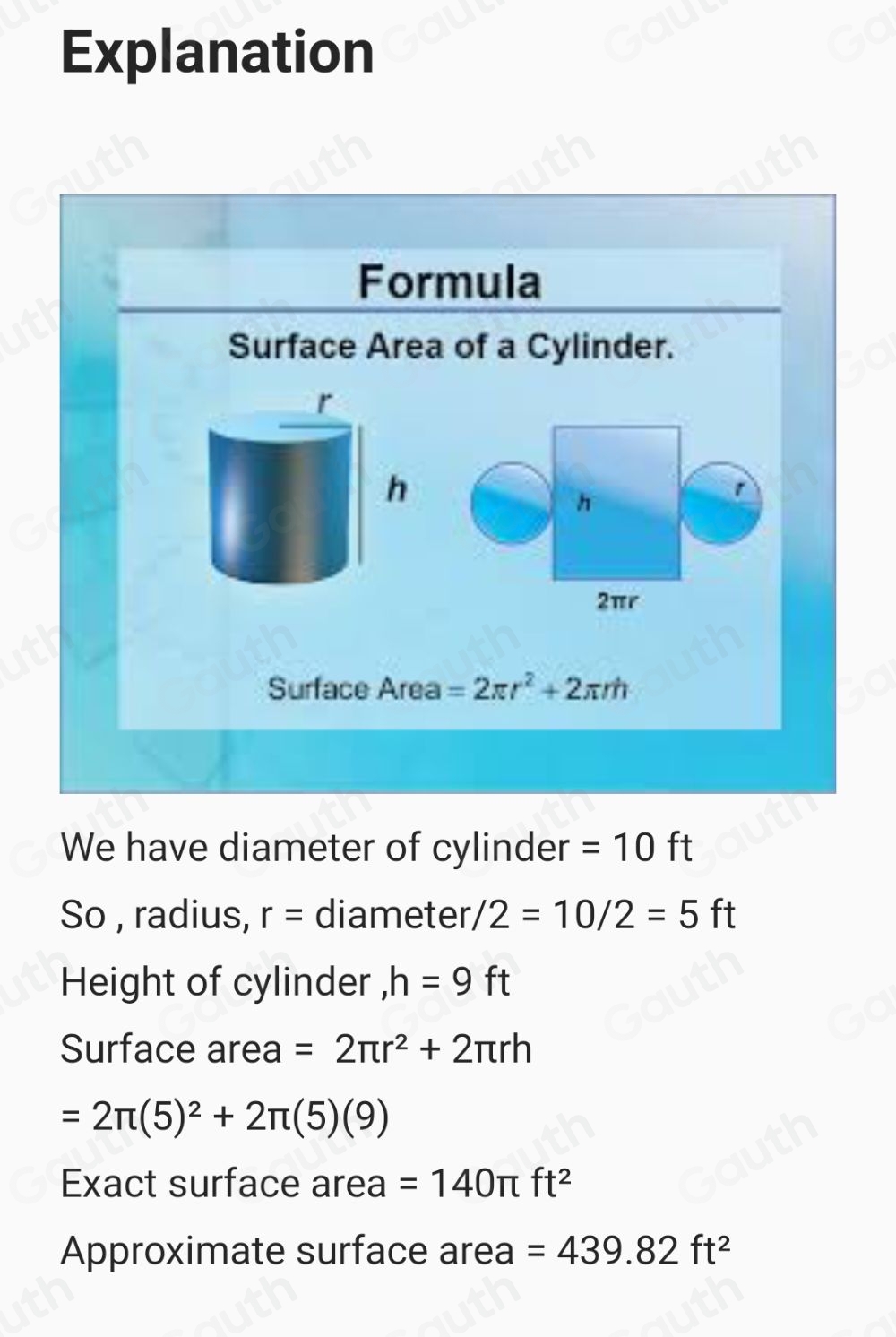 Solved: A cylinder with a height of 9 it and a base diameter of 10 it ...