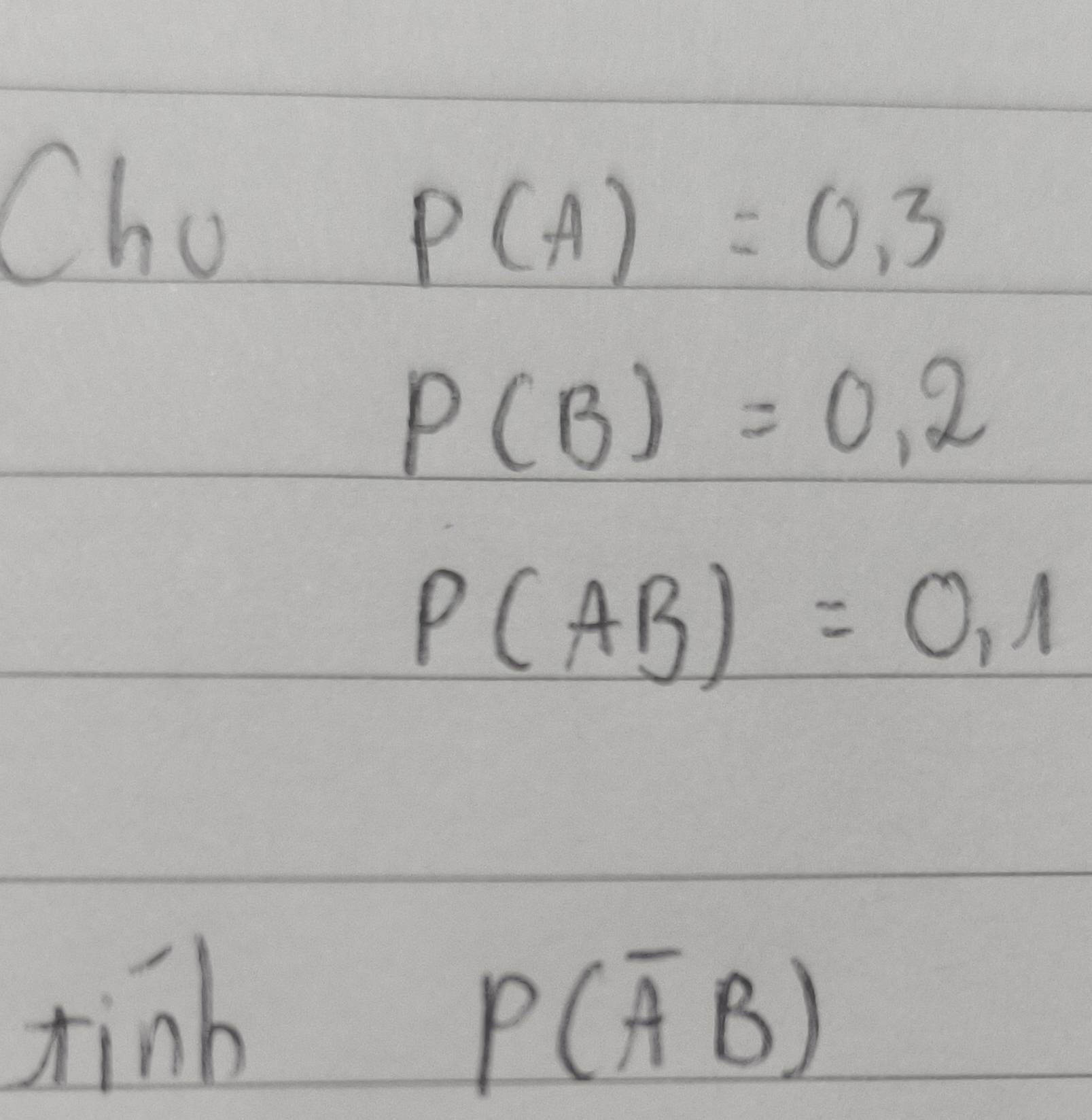 Cho
P(A)=0.3
P(B)=0.2
P(AB)=0,1
tinb
P(overline AB)