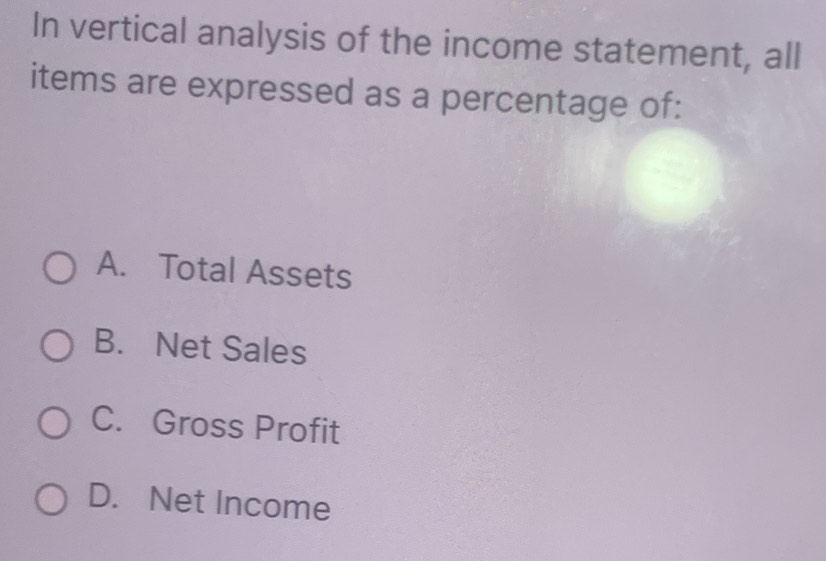 Solved: In vertical analysis of the income statement, all items are ...