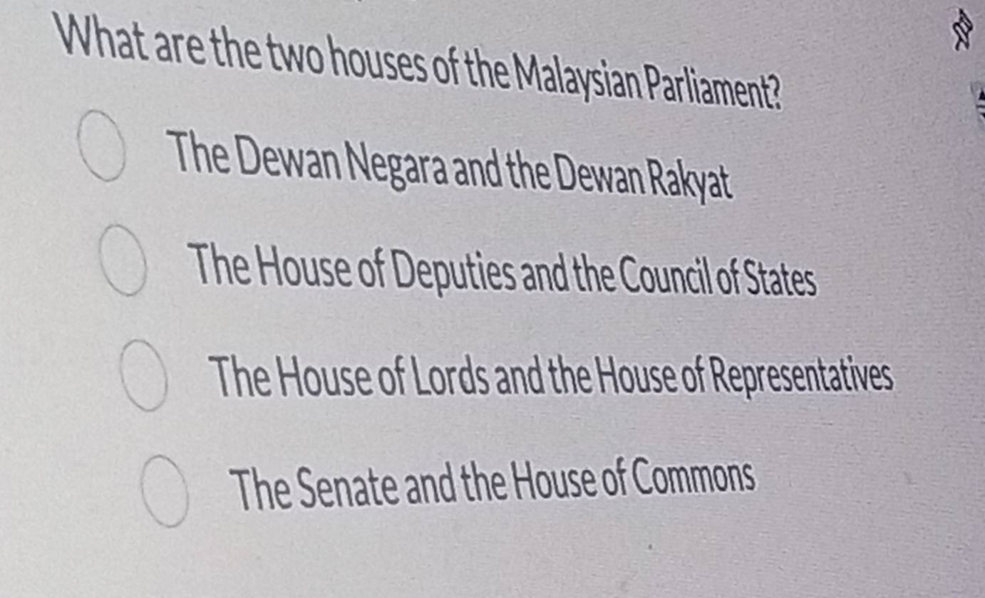 What are the two houses of the Malaysian Parliament?
The Dewan Negara and the Dewan Rakyat
The House of Deputies and the Council of States
The House of Lords and the House of Representatives
The Senate and the House of Commons