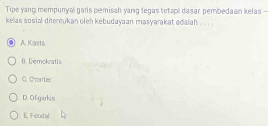 Tipe yang mempunyai garis pemisah yang tegas tetapi dasar pembedaan kelas -
kelas sosial ditentukan oleh kebudayaan masyarakat adalah . . . .
A. Kasta
B. Demokratis
C. Otoriter
D. Oligarkis
E. Feodal