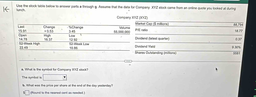 Use the stock table below to answer parts a through g. Assume that the data for Company XYZ stock came from an online quote you looked at during 
lunch. 
Company XYZ (XYZ) 
arket Cap ($ millions) 88,794
E ratio
18.77
vidend (latest quarter)
0.37
vidend Yield 9.30%
ares Outstanding (millions) 5581
a. What is the symbol for Company XYZ stock? 
The symbol is 
b. What was the price per share at the end of the day yesterday? 
5 (Round to the nearest cent as needed.)