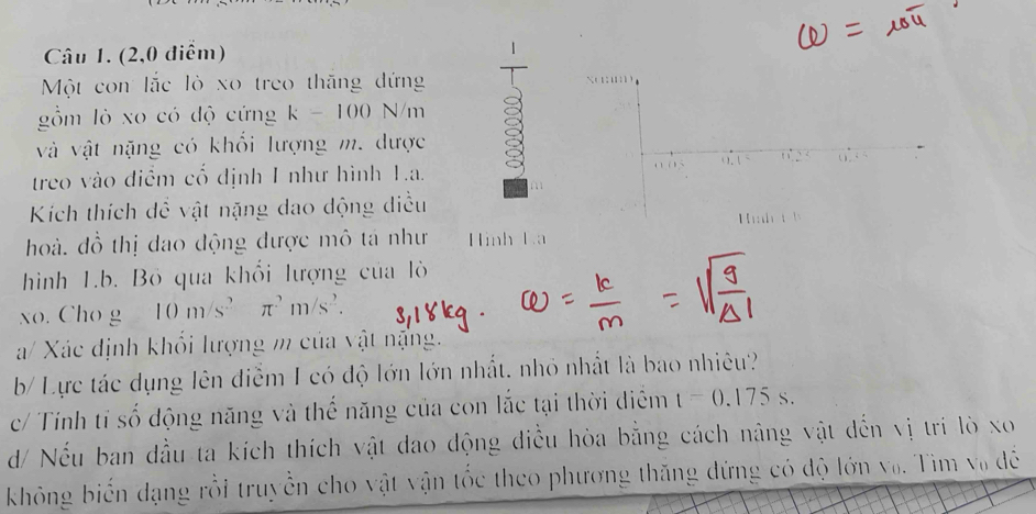 (2,0 điểm) 
Một con lắc lò xo treo thăng đứng 
gồm lỏ xo có độ cứng k - 100 N/m
và vật nặng có khổi lượng m. được 
() . 
treo vào điểm cố định I như hình L.a. 
Kích thích dề vật nặng dao dộng diều 

hoà. đồ thị dạo động được mô tá như Hình La 
hình 1.b. Bỏ qua khổi lượng của lò 
xo. Cho g 10m/s^2π^2m/s^2. 
a/ Xác định khổi lượng m của vật nặng. 
b/ Lực tác dụng lên điễm I có độ lớn lớn nhất, nhỏ nhất là bao nhiêu? 
c/ Tính tỉ số động năng và thế năng của con lắc tại thời điểm t=0.175s. 
d/ Nếu ban dầu ta kích thích vật dao động điều hòa bằng cách nâng vật đến vị trí lò xo
không biến dạng rồi truyền cho vật vận tốc theo phương thăng đứng có độ lớn vũ. Tìm vũ đề