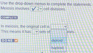 Use the drop-down menus to complete the statements.
Meiosis involves cell divisions.
COMPLETE
In meiosis, the original cell is
This means it has sets of mes.
DONE diploid
haploid