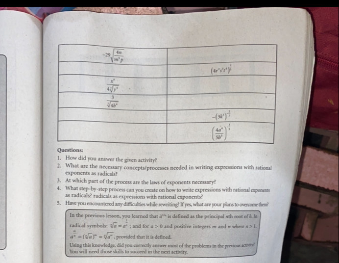 How did you answer the given activity?
2. What are the necessary concepts/processes needed in writing expressions with rational
exponents as radicals?
3. At which part of the process are the laws of exponents necessary?
4. What step-by-step process can you create on how to write expressions with rational exponents
as radicals? radicals as expressions with rational exponents?
5. Have you encountered any difficulties while rewriting? If yes, what are your plans to overcome them?
In the previous lesson, you learned that a^(1/n) is defined as the principal πth root of b. In
radical symbols: sqrt[3](a)=a^(frac 1)n; and for a 0 and positive integers m and n where π >1,
a^(frac m)n=(sqrt[n](a))^m=sqrt[n](a^m) , provided that it is defined.
Using this knowledge, did you correctly answer most of the problems in the previous activity!
You will need those skills to succeed in the next activity.