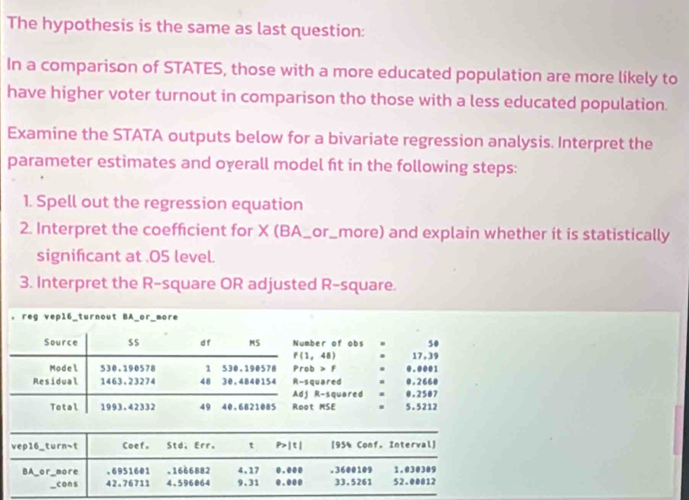 The hypothesis is the same as last question: 
In a comparison of STATES, those with a more educated population are more likely to 
have higher voter turnout in comparison tho those with a less educated population. 
Examine the STATA outputs below for a bivariate regression analysis. Interpret the 
parameter estimates and oyerall model fit in the following steps: 
1. Spell out the regression equation 
2. Interpret the coefficient for X (BA_or_more) and explain whether it is statistically 
signifcant at . 05 level. 
3. Interpret the R-square OR adjusted R-square. 
. reg vepl6_turnout BA_or_more