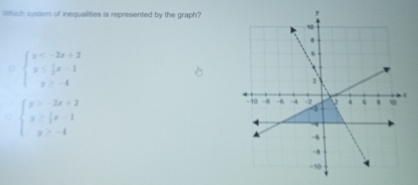 hich system of inequalities is represented by the graph?
beginarrayl y -4endarray.
beginarrayl y>-2x+2 y> 1/2 x-1 y>-4endarray.