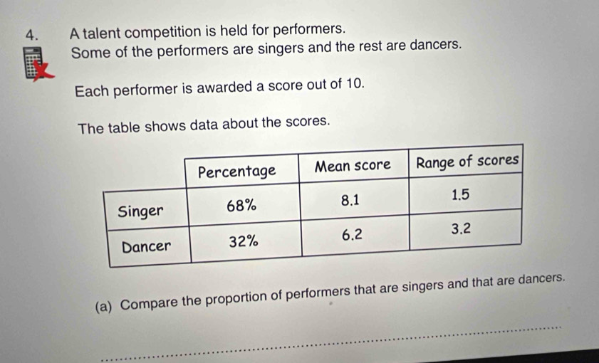 A talent competition is held for performers. 
Some of the performers are singers and the rest are dancers. 
Each performer is awarded a score out of 10. 
The table shows data about the scores. 
(a) Compare the proportion of performers that are singers and that are dancers. 
_