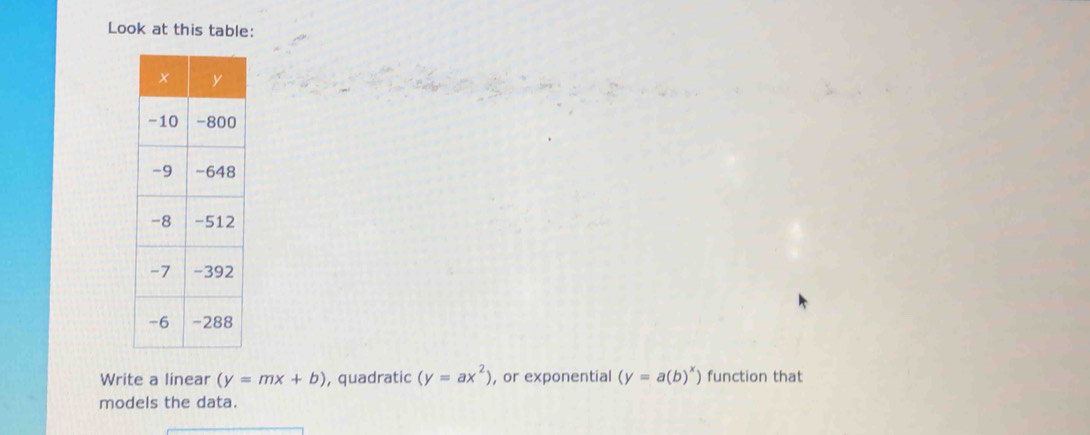 Look at this table:
Write a linear (y=mx+b) , quadratic (y=ax^2) , or exponential (y=a(b)^x) function that
models the data.