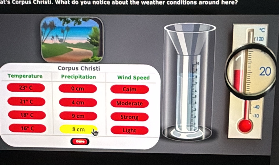 at's Corpus Christi. What do you notice about the weather conditions around here?
^circ C
r1 20
10
Corpus Christi 
Temperature Precipitation Wind Speed
20
23°C 0 cm Calm
21°C 4 cm Moderate
18°C 9 cm Strong -10
16°C
8 cm Light 
Done