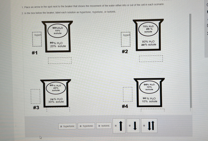 Place an arrow in the spot next to the beaker that shows the movement of the water either into or out of the cell in each scenario
2. In the box below the beaker, label each solution as hypertonic, hypotonic, or isotonic.
 
 
 
 
 
 
# hypertonic #: hypotonic : isotonic : : :