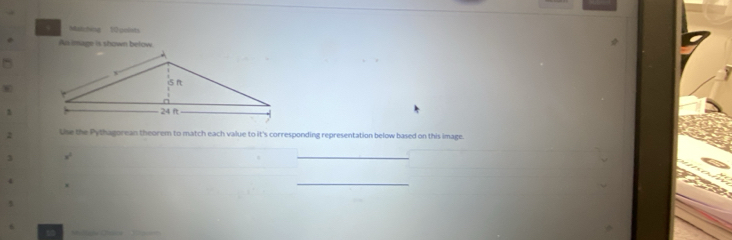 Matshing 10 polets 
As image is shown befow 
W 
2 Use the Pythagorean theorem to match each value to it's corresponding representation below based on this image. 
3 x°
_ 
4 
. 
_ 
6 =iltale Ohce - 3ll=