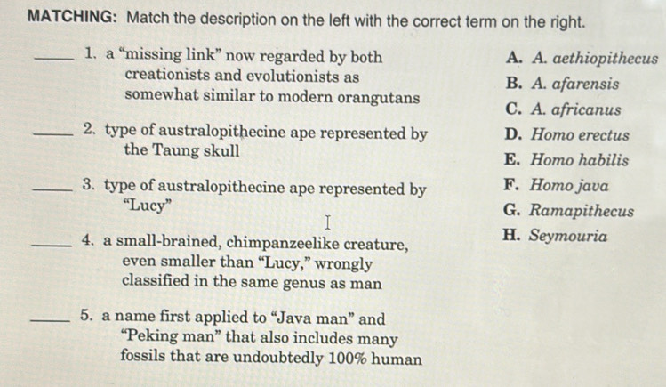 Solved: MATCHING: Match the description on the left with the correct ...
