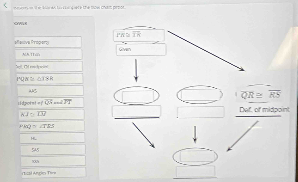 easons in the blanks to complete the flow chart proof.
VSWER
overline PR≌ overline TR
eflexive Property
Given
AIA Thm
)ef. Of midpoint
PQR≌ △ TSR
AAS
overline QR≌ overline RS
1idpoint of overline QS and overline PT
overline KJ≌ overline LM
Def, of midpoint
PRQ≌ ∠ TRS
HL
SAS
SSS
rtical Angles Thm