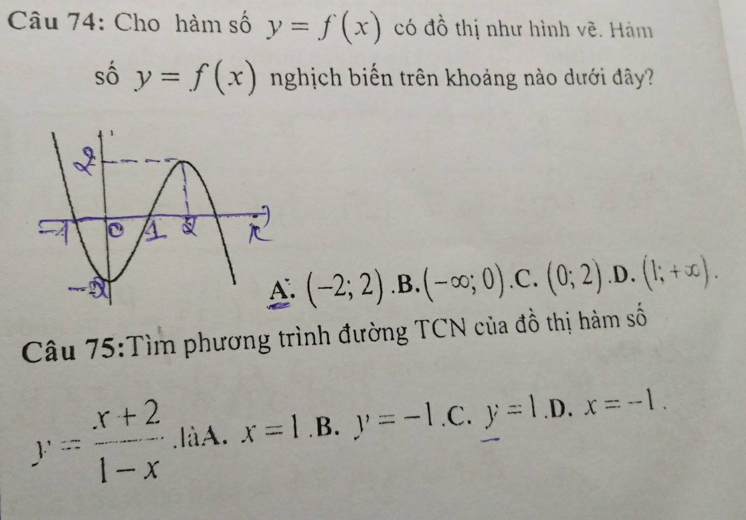 Cho hàm số y=f(x) có đồ thị như hình vẽ. Hám
số y=f(x) nghịch biến trên khoảng nào dưới đây?
A. (-2;2) .B. (-∈fty ;0) .C. (0;2) .D. (1;+∈fty ). 
Câu 75:Tìm phương trình đường TCN của đồ thị hàm số
y= (x+2)/1-x . làA. x=1 .B. y=-1 .C. y=1 .D. x=-1.