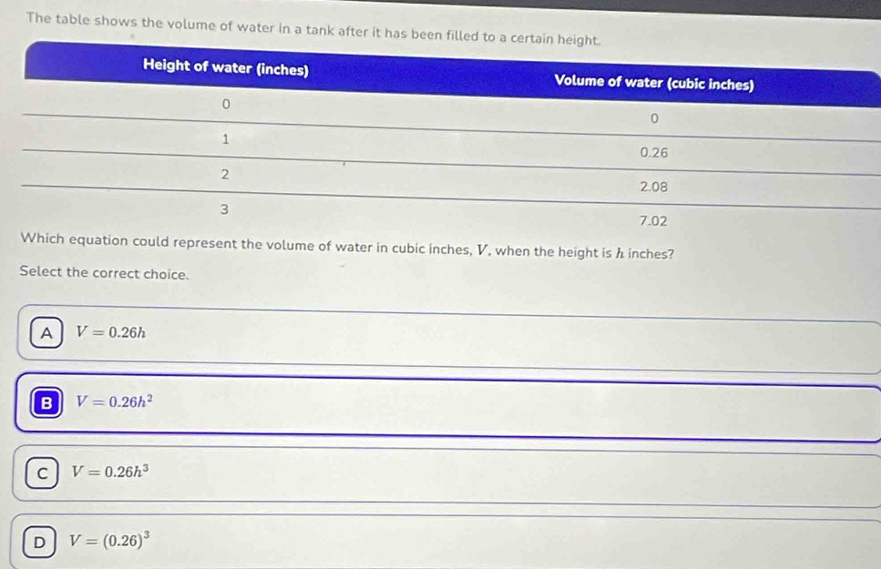 The table shows the volume of water in a tank after it has been filled to a
uation could represent the volume of water in cubic inches, V, when the height is h inches?
Select the correct choice.
A V=0.26h
B V=0.26h^2
C V=0.26h^3
D V=(0.26)^3