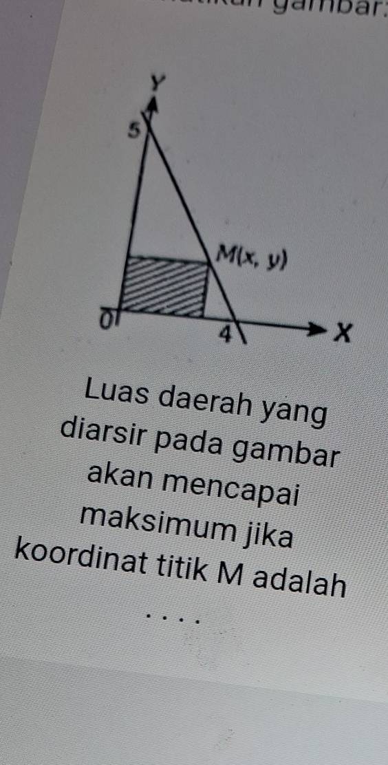 gambar.
Luas daerah yang
diarsir pada gambar
akan mencapai
maksimum jika
koordinat titik M adalah
_