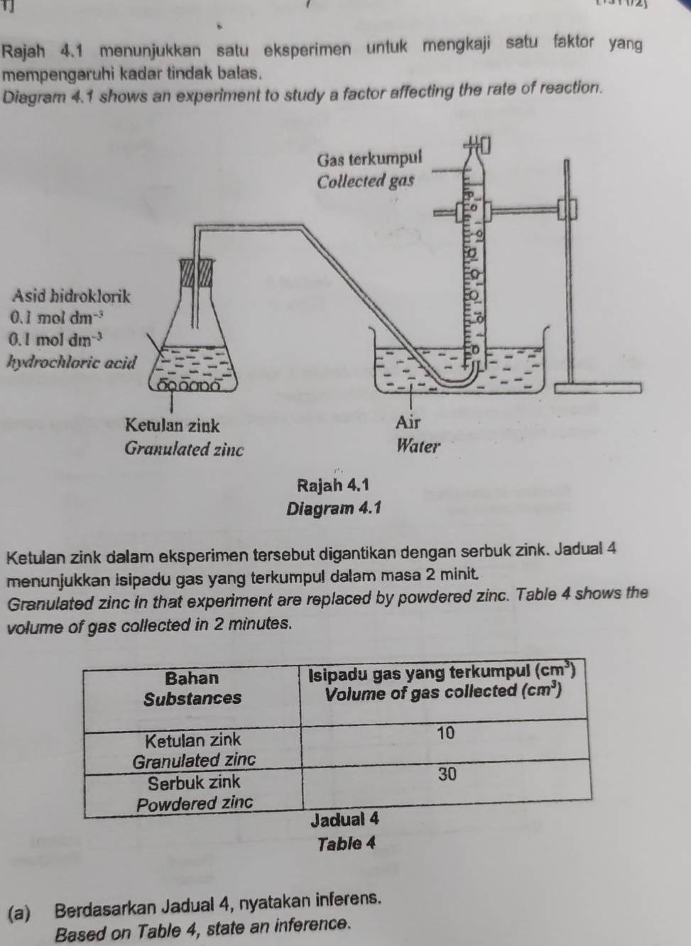 1J
Rajah 4.1 menunjukkan satu eksperimen untuk mengkaji satu faktor yang
mempengəruhi kadar tindak balas.
Diagram 4.1 shows an experiment to study a factor affecting the rate of reaction.
A
0.1moldm^(-3)
0.1moldm^(-3)
hydrochloric acid
Ketulan zink dalam eksperimen tersebut digantikan dengan serbuk zink. Jadual 4
menunjukkan isipadu gas yang terkumpul dalam masa 2 minit.
Granulated zinc in that experiment are replaced by powdered zinc. Table 4 shows the
volume of gas collected in 2 minutes.
Table 4
(a) Berdasarkan Jadual 4, nyatakan inferens.
Based on Table 4, state an inference.