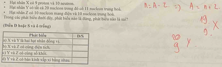 Hạt nhân X cỏ 9 proton và 10 neutron. 
Hạt nhãn Y có tất cả 20 nucleon trong đó có 11 nucleon trung hoà. 
Hạt nhân Z có 10 nucleon mang điện và 10 nucleon trung hoà. 
Trong các phát biểu đưới đây, phát biểu nào là đủng, phát biểu nào là sai? 
(Điền D hoặc S và ô trống)