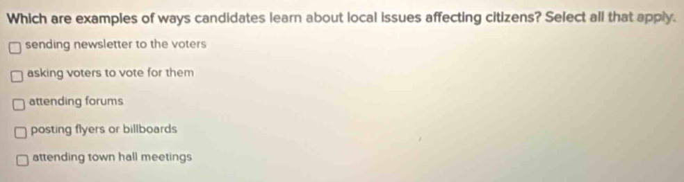 Solved: Which are examples of ways candidates learn about local issues ...