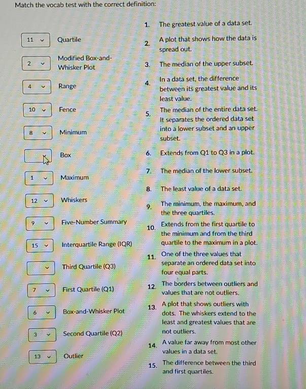 Match the vocab test with the correct definition: 
1. The greatest value of a data set. 
11 Quartile A plot that shows how the data is 
2. 
spread out. 
Modified Box-and- 
2 Whisker Plot 
3. The median of the upper subset. 
4. In a data set, the difference 
4 Range between its greatest value and its 
least value. 
10 Fence The median of the entire data set. 
5. 
It separates the ordered data set 
8 Minimum into a lower subset and an upper 
subset. 
Box 6. Extends from Q1 to Q3 in a plot. 
7. The median of the lower subset. 
1 Maximum 
8. The least value of a data set. 
12 Whiskers The minimum, the maximum, and 
9. 
the three quartiles. 
9 Five-Number Summary 10. Extends from the first quartile to 
the minimum and from the third 
15 Interquartile Range (IQR) quartile to the maximum in a plot. 
11. One of the three values that 
Third Quartile (Q3) separate an ordered data set into 
four equal parts. 
7 First Quartile (Q1) 12. The borders between outliers and 
values that are not outliers. 
A plot that shows outliers with 
6 Box-and-Whisker Plot 13. dots. The whiskers extend to the 
least and greatest values that are 
3 Second Quartile (Q2) not outliers. 
14. A value far away from most other 
13 Outlier values in a data set. 
15. The difference between the third 
and first quartiles.