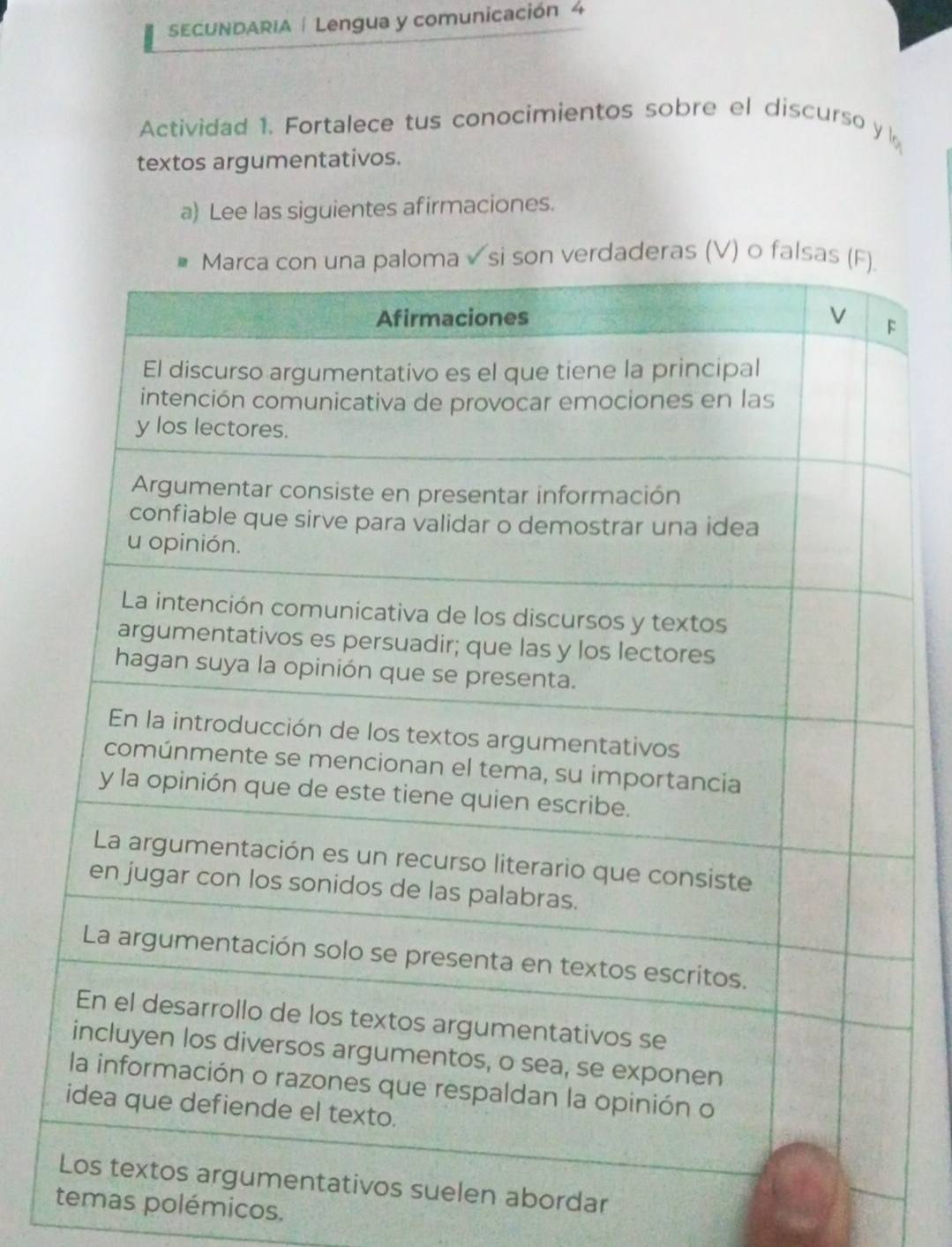 SECUNDARIA | Lengua y comunicación 4 
Actividad 1. Fortalece tus conocimientos sobre el discurso y 
textos argumentativos. 
a) Lee las siguientes afirmaciones. 
n abordar 
temas polémicos.