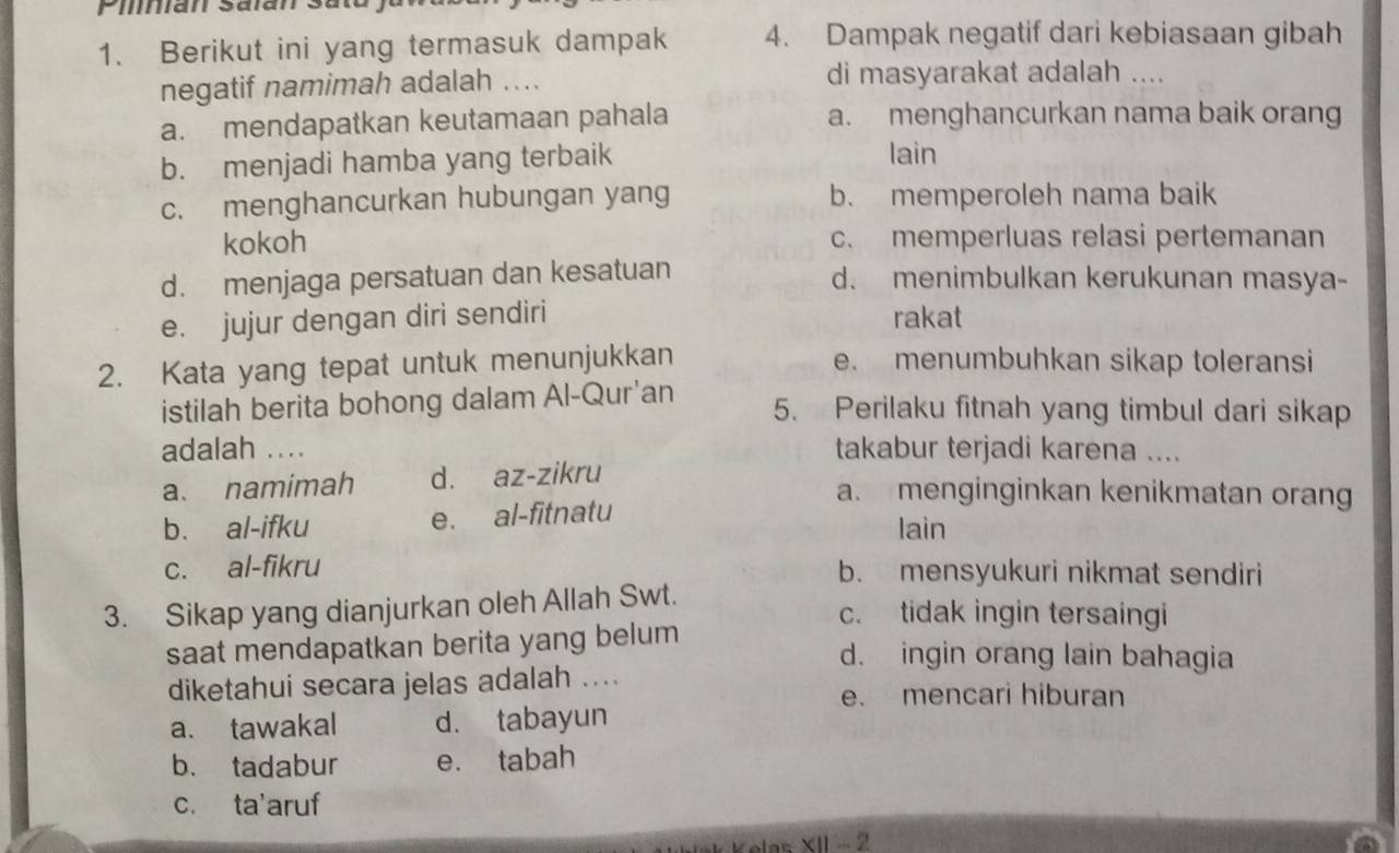 Berikut ini yang termasuk dampak 4. Dampak negatif dari kebiasaan gibah
negatif namimah adalah .... di masyarakat adalah ....
a. mendapatkan keutamaan pahala a. menghancurkan nama baik orang
b. menjadi hamba yang terbaik lain
c. menghancurkan hubungan yang b. memperoleh nama baik
kokoh c. memperluas relasi pertemanan
d. menjaga persatuan dan kesatuan d. menimbulkan kerukunan masya-
e. jujur dengan diri sendiri rakat
2. Kata yang tepat untuk menunjukkan e. menumbuhkan sikap toleransi
istilah berita bohong dalam Al-Qur'an 5. Perilaku fitnah yang timbul dari sikap
adalah .... takabur terjadi karena ....
a. namimah d. az-zikru
a. menginginkan kenikmatan orang
b. al-ifku e. al-fitnatu lain
c. al-fikru b. mensyukuri nikmat sendiri
3. Sikap yang dianjurkan oleh Allah Swt.
c. tidak ingin tersaingi
saat mendapatkan berita yang belum d. ingin orang lain bahagia
diketahui secara jelas adalah ....
e. mencari hiburan
a. tawakal d. tabayun
b. tadabur e. tabah
c. ta'aruf
las XII - 2