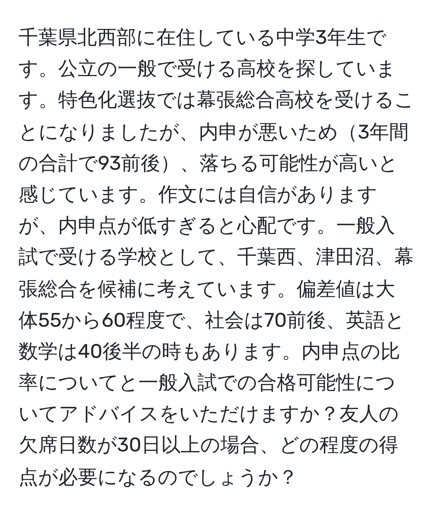 千葉県北西部に在住している中学3年生です。公立の一般で受ける高校を探しています。特色化選抜では幕張総合高校を受けることになりましたが、内申が悪いため3年間の合計で93前後、落ちる可能性が高いと感じています。作文には自信がありますが、内申点が低すぎると心配です。一般入試で受ける学校として、千葉西、津田沼、幕張総合を候補に考えています。偏差値は大体55から60程度で、社会は70前後、英語と数学は40後半の時もあります。内申点の比率についてと一般入試での合格可能性についてアドバイスをいただけますか？友人の欠席日数が30日以上の場合、どの程度の得点が必要になるのでしょうか？