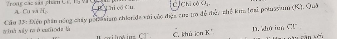 Trong các sản phâm Cu, ,H_2 Và Ô2y Sản ph
A. Cu và H_2. B. Chỉ có Cu. C, Chỉ có O_2. 
Câu 13: Điện phân nóng chảy potassium chloride với các điện cực trơ để điều chế kim loại potassium (K). Quá
trình xảy ra ở cathode là
B oxi hoá ion Cl. C. khử ion K^+. D. khử ion Cl¯ .
T n à y gần với