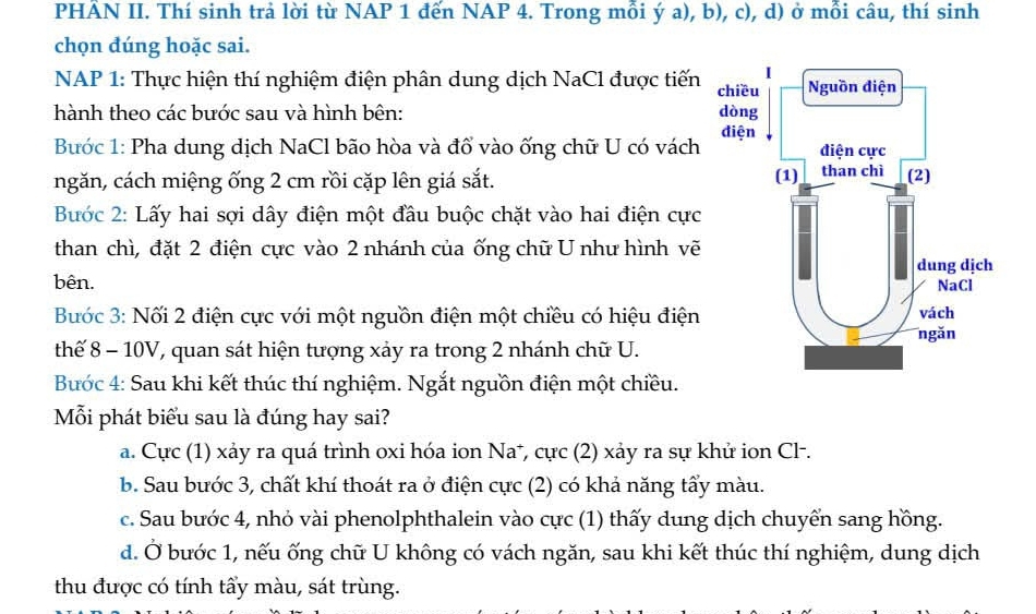 PHÂN II. Thí sinh trả lời từ NAP 1 đến NAP 4. Trong mỗi ý a), b), c), d) ở mỗi câu, thí sinh
chọn đúng hoặc sai.
NAP 1: Thực hiện thí nghiệm điện phân dung dịch NaCl được tiến 
hành theo các bước sau và hình bên: 
Bước 1: Pha dung dịch NaCl bão hòa và đổ vào ống chữ U có vách
ngăn, cách miệng ống 2 cm rồi cặp lên giá sắt. 
Bước 2: Lấy hai sợi dây điện một đầu buộc chặt vào hai điện cực
than chì, đặt 2 điện cực vào 2 nhánh của ống chữ U như hình vẽ
bên. 
Bước 3: Nối 2 điện cực với một nguồn điện một chiều có hiệu điện
thế 8 - 10V, quan sát hiện tượng xảy ra trong 2 nhánh chữ U.
Bước 4: Sau khi kết thúc thí nghiệm. Ngắt nguồn điện một chiều.
Mỗi phát biểu sau là đúng hay sai?
a. Cực (1) xảy ra quá trình oxi hóa ion Na⁺, cực (2) xảy ra sự khử ion Cl-.
b. Sau bước 3, chất khí thoát ra ở điện cực (2) có khả năng tẩy màu.
c. Sau bước 4, nhỏ vài phenolphthalein vào cực (1) thấy dung dịch chuyển sang hồng.
d. Ở bước 1, nếu ống chữ U không có vách ngăn, sau khi kết thúc thí nghiệm, dung dịch
thu được có tính tấy màu, sát trùng.