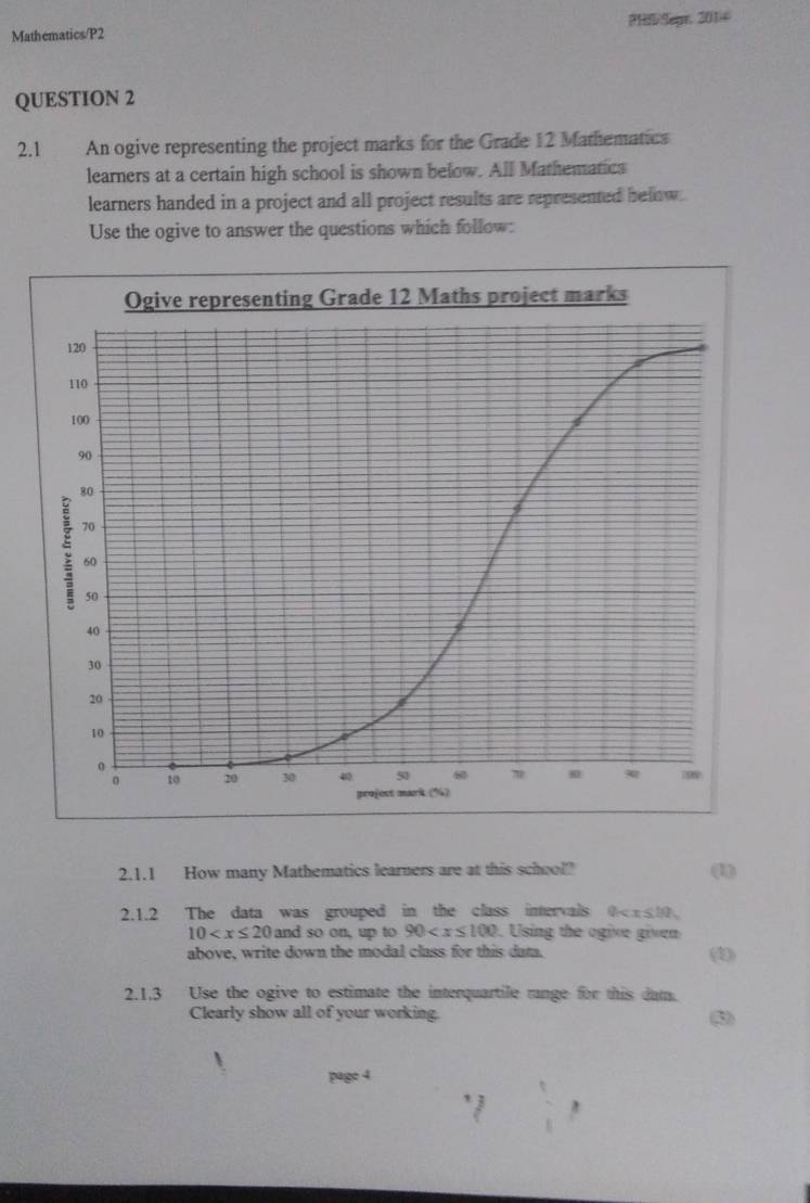 Mathematics/P2 PH Sepr. 2014 
QUESTION 2 
2.1 An ogive representing the project marks for the Grade 12 Mathematics 
learners at a certain high school is shown below. All Mathematics 
learners handed in a project and all project results are represented below . 
Use the ogive to answer the questions which follow: 
2.1.1 How many Mathematics learners are at this school? (1) 
2.1.2 The data was grouped in the class intervals 0
10 and so on, up to 90 . Using the ogive givn 
above, write down the modal class for this dam. (1) 
2.1,3 Use the ogive to estimate the interquartile range for this dam. 
Clearly show all of your working. 
(3) 
page 4