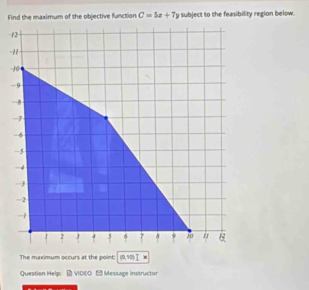 C=5x+7y subject to the feasibility region below. 
The maximum occurs at the point: (0,10)
Question Help: VIDEO - Message instructor