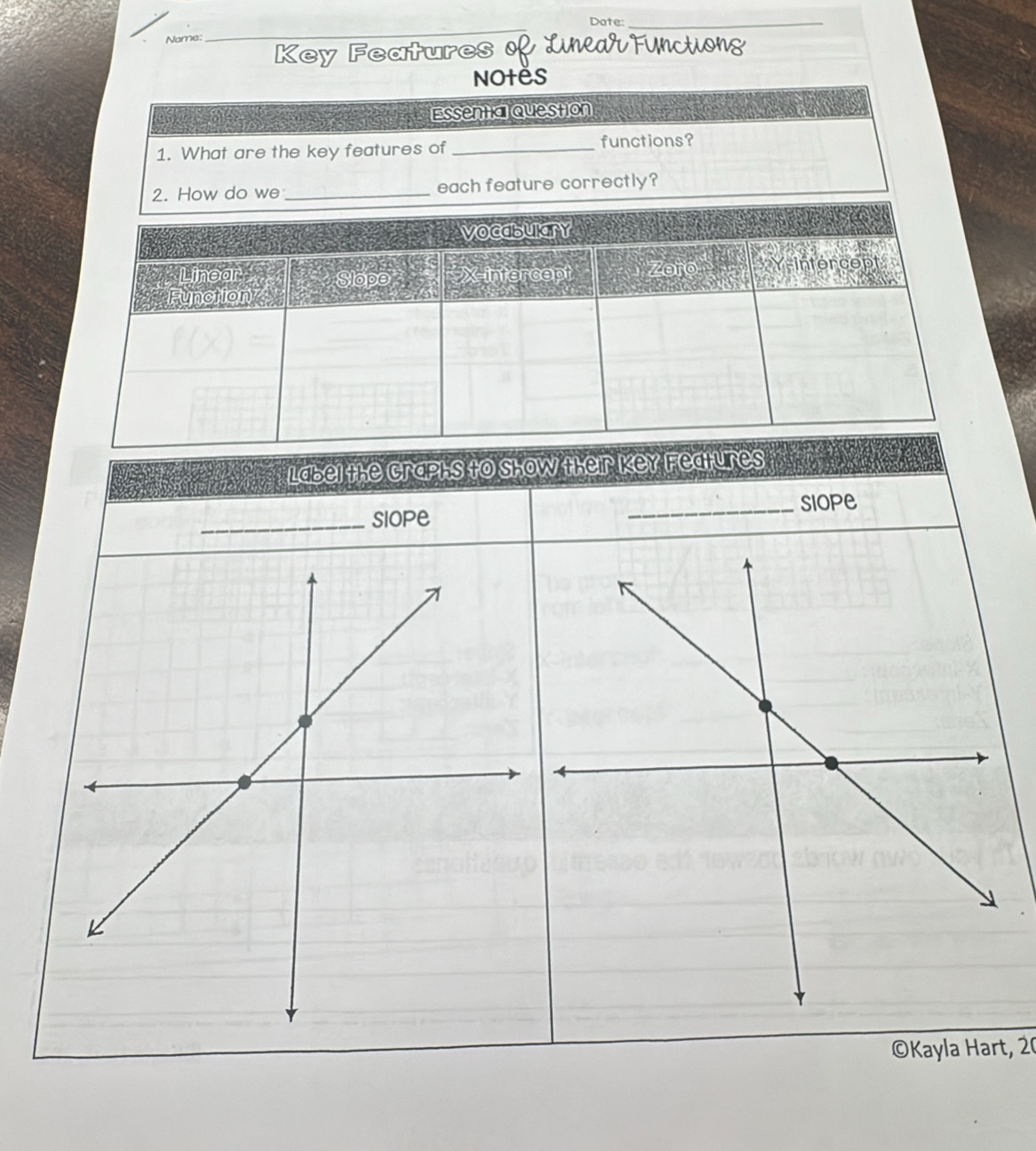 Name: _Date
_
ey Features of md 
NOtES
Essential question
1. What are the key features of_
functions?
2. How do we _each feature correctly?
vocabulary
Linear Slope X-intercept Zor Y-intercept
Label the Craphs to show their Key Features
_
siope _siope
©Kayla Hart, 20