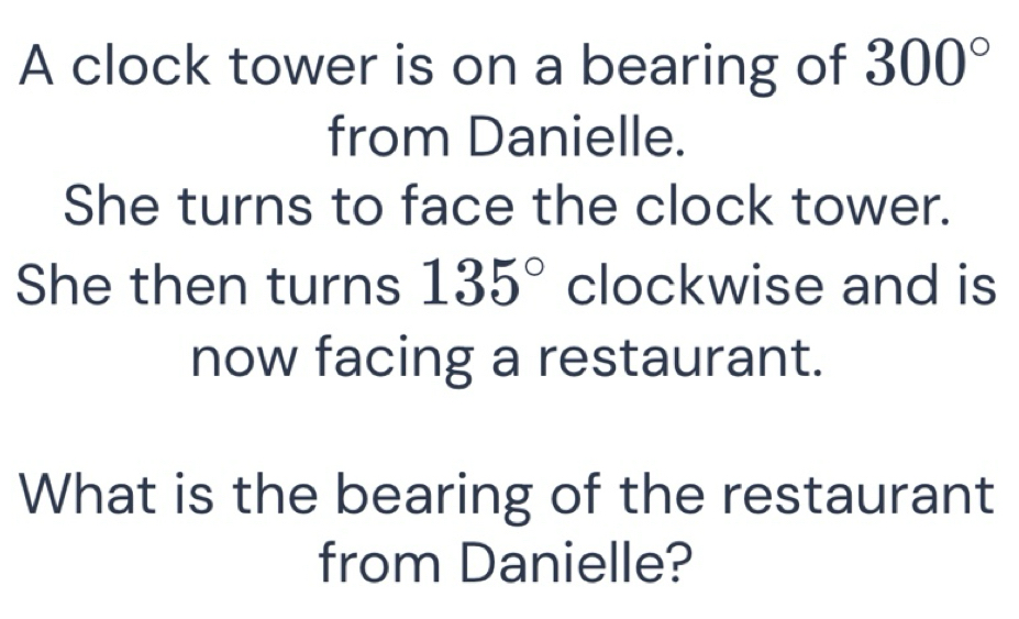Solved: A clock tower is on a bearing of 300° from Danielle. She turns ...